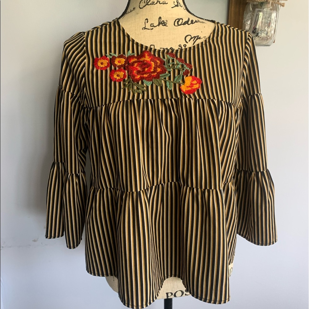 THML by Anthropologie Floral‎ Embroidered Stripped Blouse